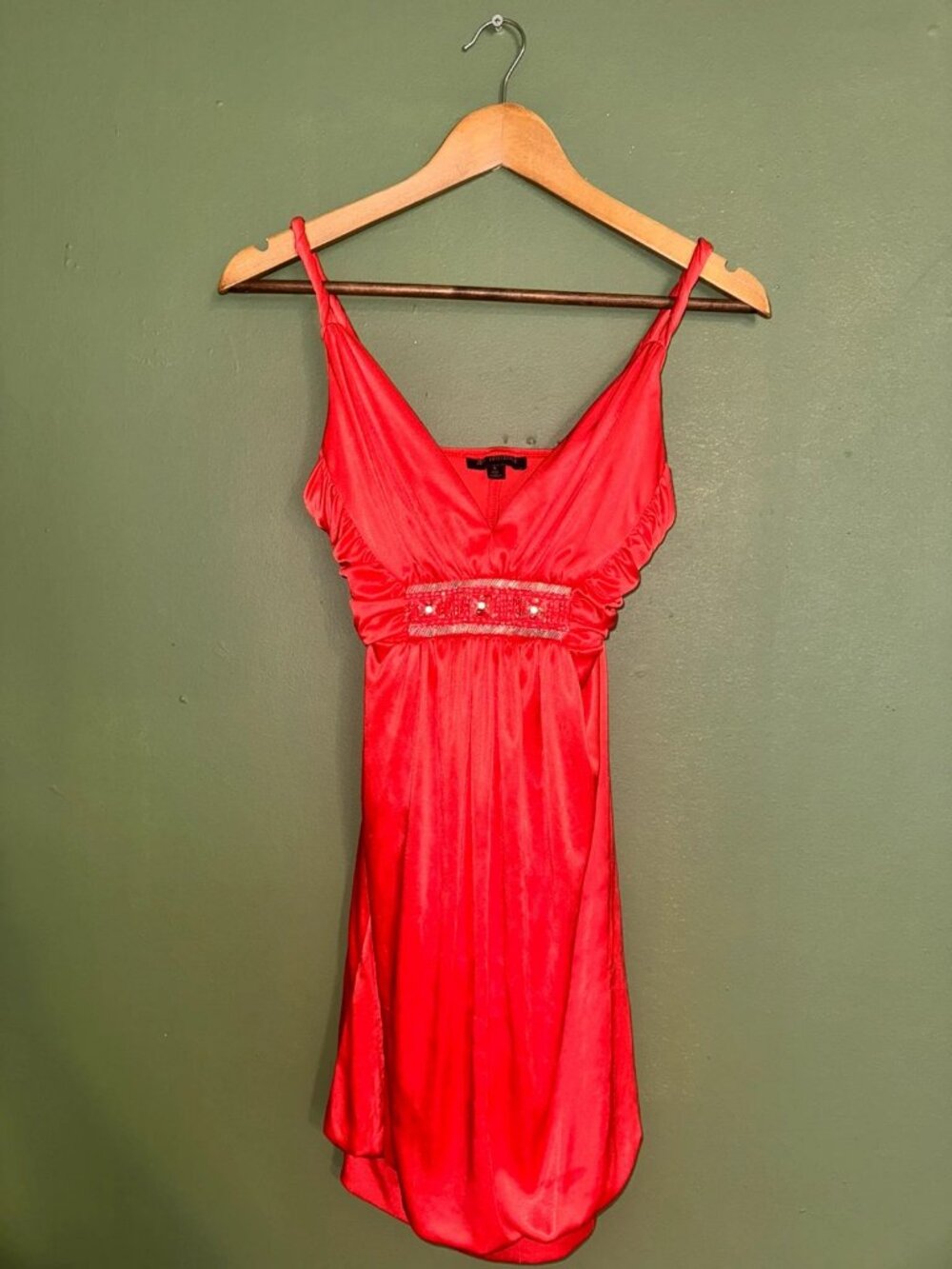 Jodi Kristopher Red Satin Beaded Babydoll Dress Size S
